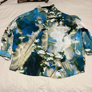 H&M Studio Collection Abstract Blue and Green Button-Up Shirt